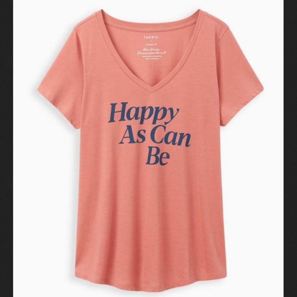 Torrid Classic Fit "HAPPY AS CAN BE" V-Neck T-Shirt, Plus 3X(22-24)